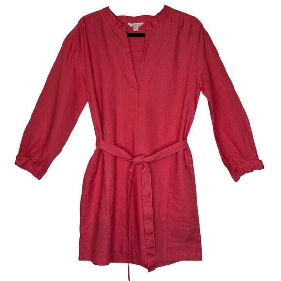 Garnet Hill Dresses & Skirts - Garnet Hill Pink Linen Three Quarter Sleeve Coastal Shirt Dress Size 10